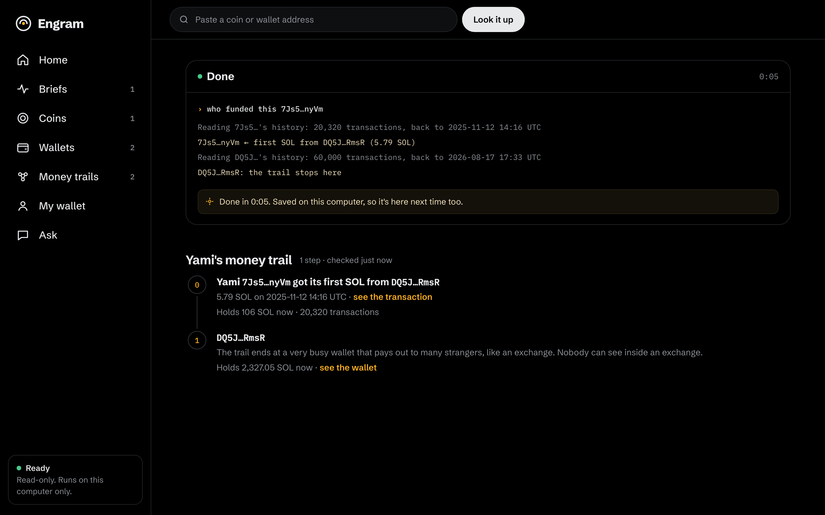 The Engram app following a wallet's money back to its first SOL, with a transaction link at each step